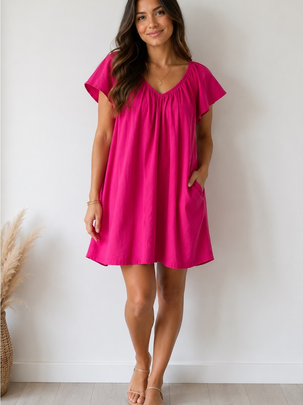 Flutter Sleeve Mini Dress in Hot Pink